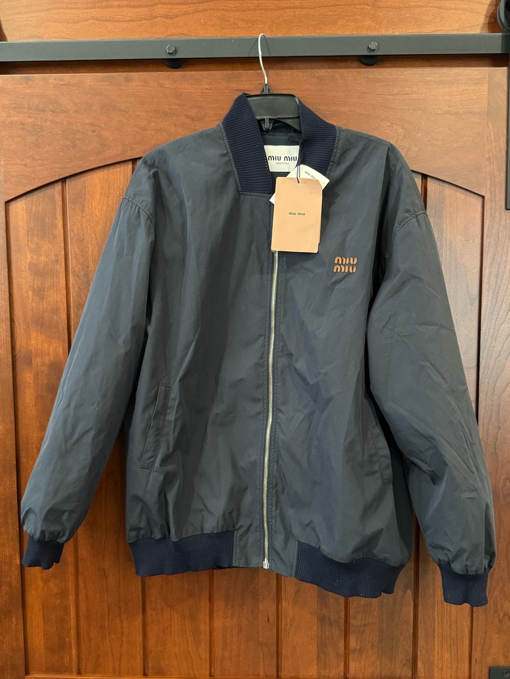 Miu Miu Navy Blue Bomber Jacket with Logo